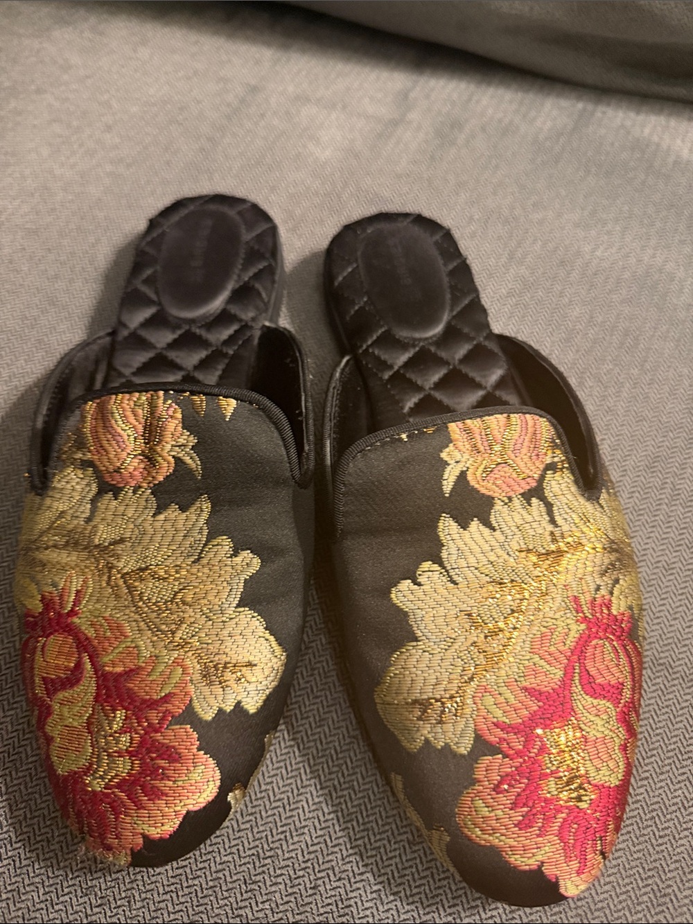 Birdies The Phoebe Black Floral Jacquard Mules Slip On Flats 7.5